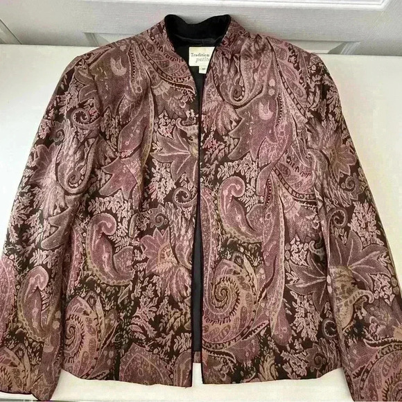 Vintage Tradition Jacquard Blazer Open Front Burgundy Maroon Gold  Size 8 Petite - Picture 9 of 15